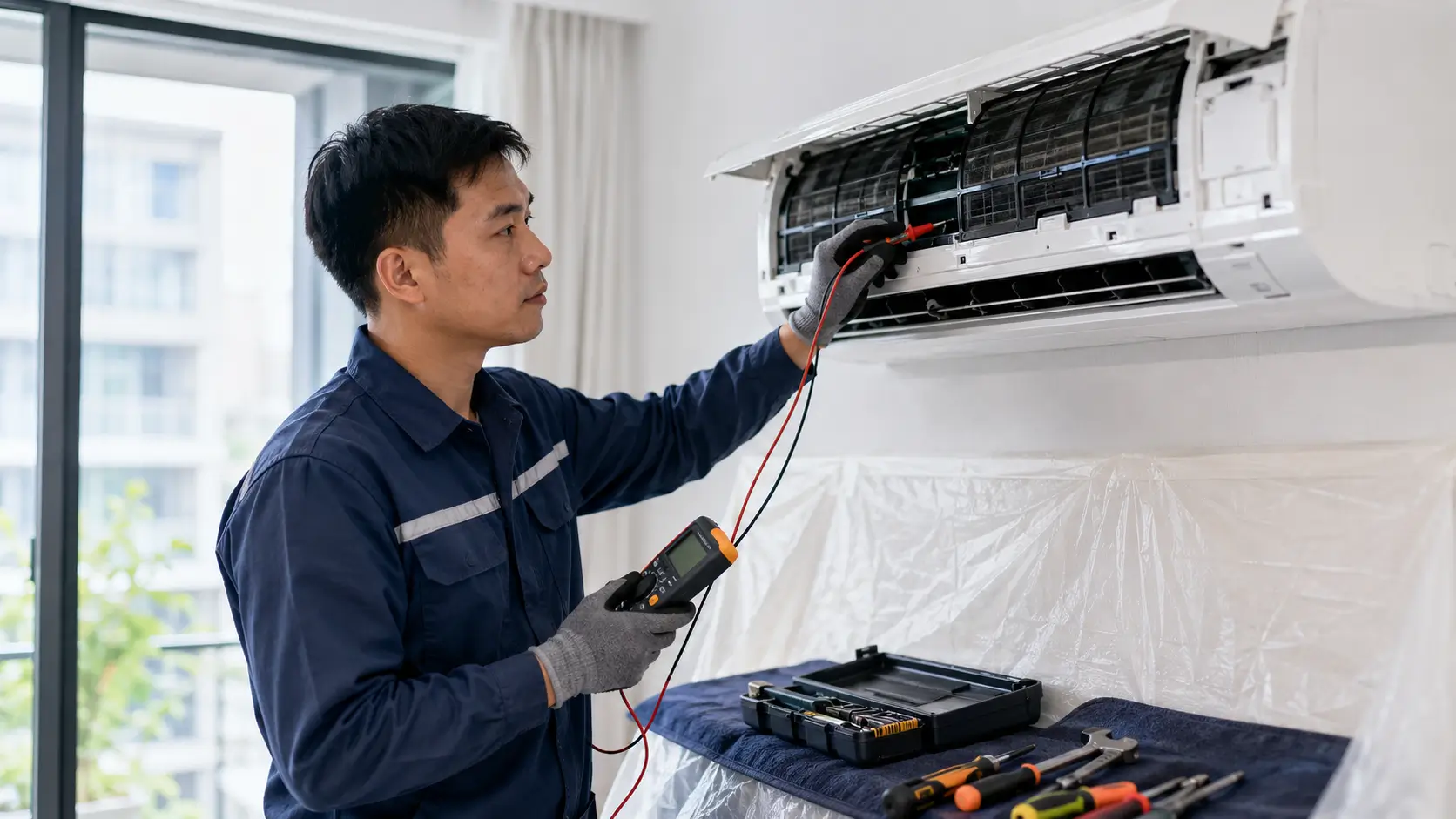 Kỹ thuật viên kiểm tra sửa máy lạnh tại nhà